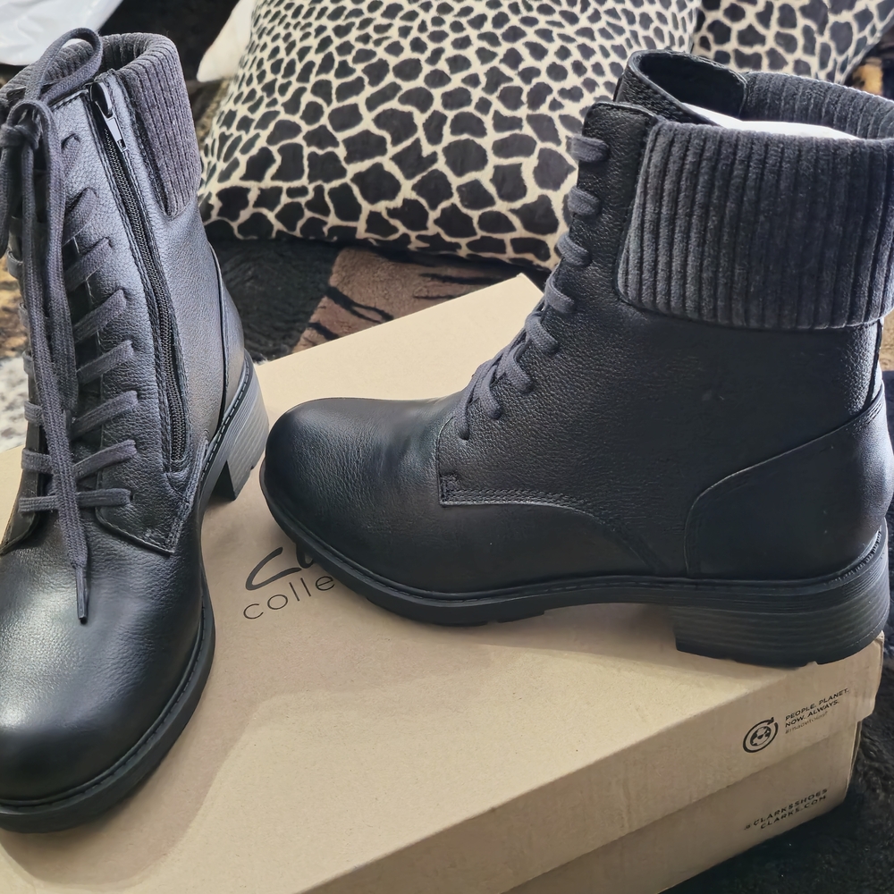 Clarks Black Lace-Up Combat Boots with Ribbed Cuff